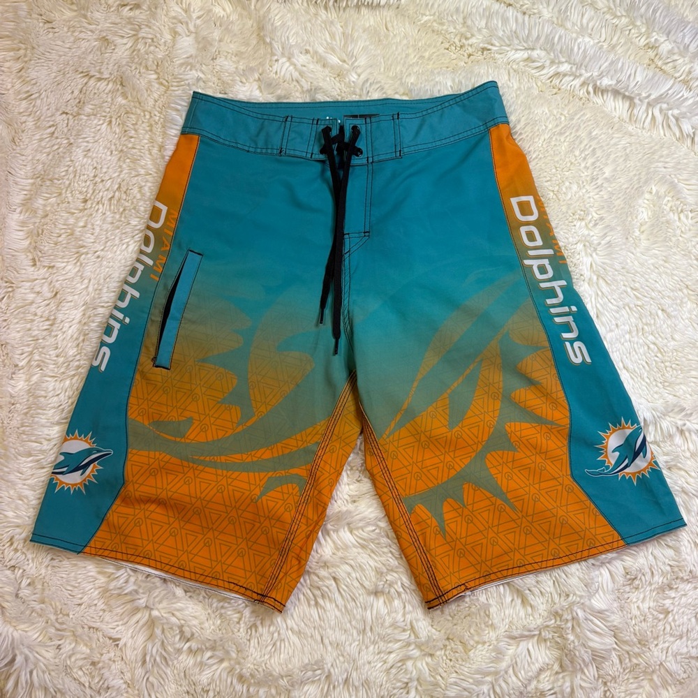 NFL Apparel mens Dolphins Teal/Orange Board Shorts no liner 32” waist 12” inseam